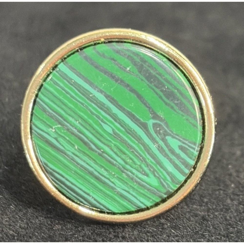 Round Malachite Tie Tack/ Lapel Pin Bezel-set in a polished gold plate VTG MCM
